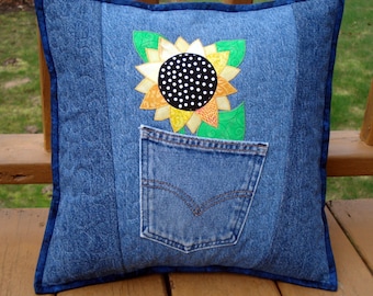 Digital PDF pattern for Sunny Sunflower  Quilted Pillow made with Upcycled Recycled Denim Jeans