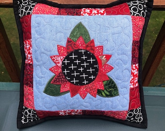 Red Sunny Sunflower Quilted Denim 12" Toss Pillow made with recycled denim