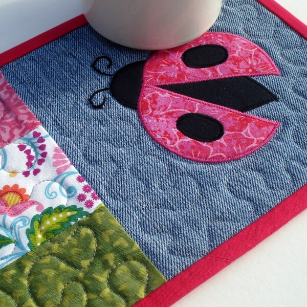 Pink Ladybug Quilted Mug Rug on Recycled Denim, Quiltsy Handmade