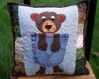 Green and Brown Cozy Bear Recycled Denim Quilted Pocket Pillow