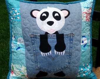 Aqua, Black and White Lucky Panda Recycled Denim Quilted Pillow