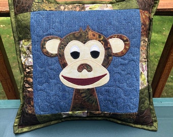 Brown Sock Monkey Quilted Denim 12" Toss Pillow made with recycled denim