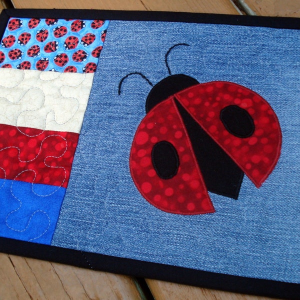 Red Ladybug Recycled Denim Jean Quilted Mug Rug