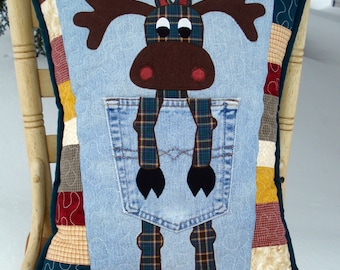 Pattern for Northern Moose  Quilted Pillow made with Upcycled Recycled Denim Jeans