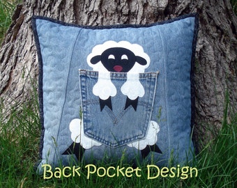 Fluffy White Sheep Quilted Denim Pillow made with recycled denim jeans