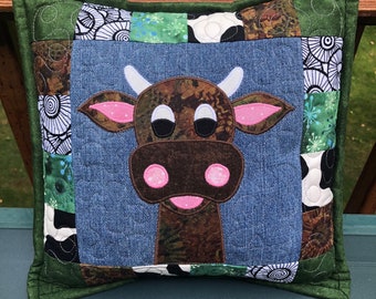 Brown Sassy Cow Quilted Denim 12" Toss Pillow made with recycled denim