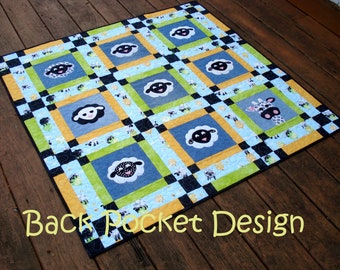 Fluffy Sheep and Friend Recycled Denim Applique Baby Crib Quilt, Quiltsy Lewe The Ewe Challenge