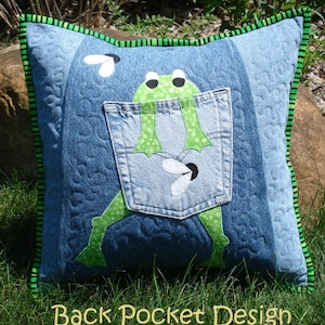 Pattern for Hungry Frog  2nd edition Quilted Pillow made with Upcycled Recycled Denim Jeans