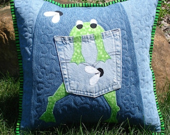 Pattern for Hungry Frog  2nd edition Quilted Pillow made with Upcycled Recycled Denim Jeans