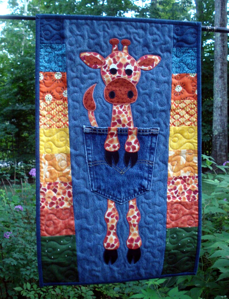 Giraffe Applique Quilt Wall Art on Recycled Denim, Quiltsy Handmade Etsy