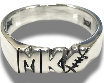 Personalized Football Ring 6mm Sterling Silver 925 Hand Carved Name, Initials, numbers Custom Foot Ball Gift For Dad, Mom Sports Fans