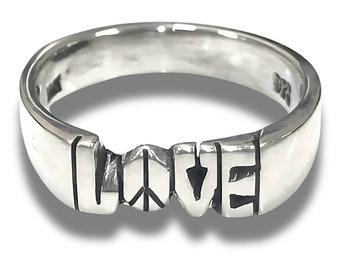 Model 3203 Sterling Silver Ring With Love Peace Sign Design 6mm Hand Carved Custom Made To Order Personalized
