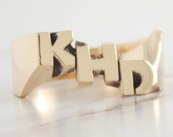 Large Hand Carved Solid Brass Ring Made To Order With 3 Initials Of Your Choice Squares Design Men Women Unisex