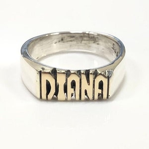 Medium hand carved 925 Sterling Silver Ring with 10k Solid Gold Plate On Top Hand Carved With Name Or Initials