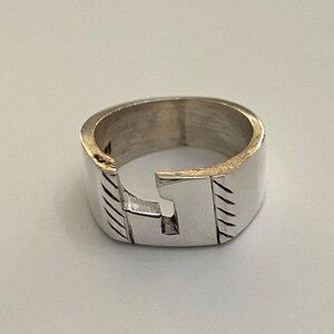 Large Hand Carved 925 Sterling Silver Ring With Initial and lines Personalized