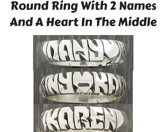 Hand carved Round Ring Sterling Silver 925 6mm Band With 2 Names and Heart in The Middle