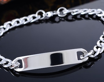 Polished Link Cuban Curb Chain Stainless Steel ID Bracelet Blank Silver Tone USA DIY