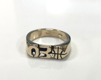 Hand Carved Yellow Brass Ring With Numbers Or Initials & Basketball Design Custom Made To Order Personalized 5.5mm