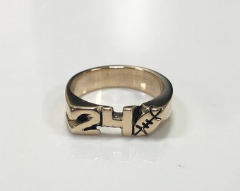 Hand Carved Yellow Brass Ring With Numbers Or Initials & Football Design Custom Made To Order Personalized