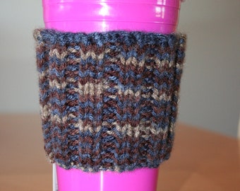 Coffee cup cozy - blue and brown stripes
