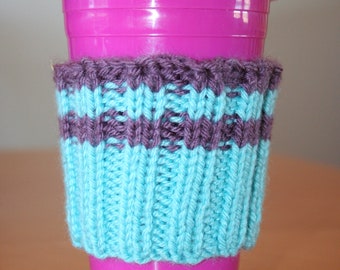 Coffee cup cozy - aqua and purple stripes