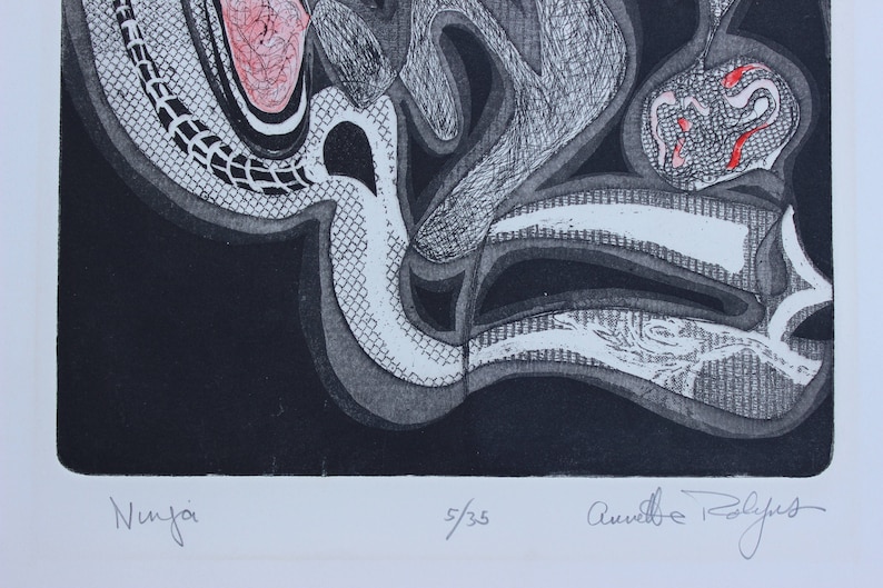 NINJA Mid century modern Abstract wall art vintage etching California artist ANNETTE ROBYNS lithograph 1960s Pop West coast cool artwork