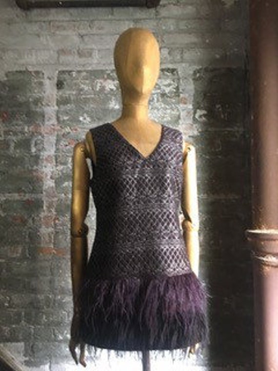 Purple brocade mini feather dress  size S - image 2