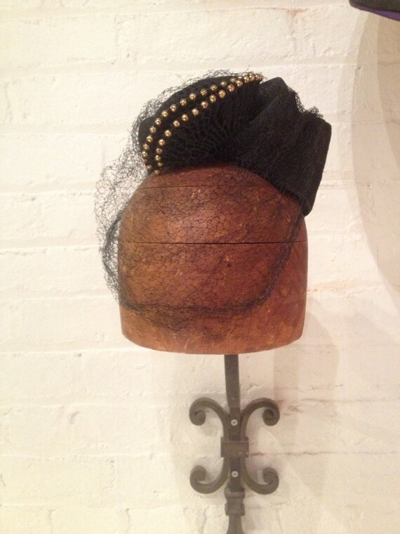 1940s studded black perchy hat - image 1