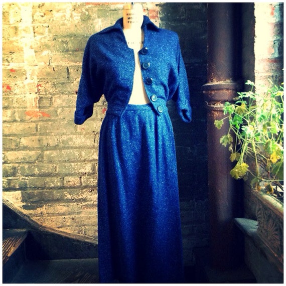 1940's vintage couture=Royal blue wool tweed skir… - image 1
