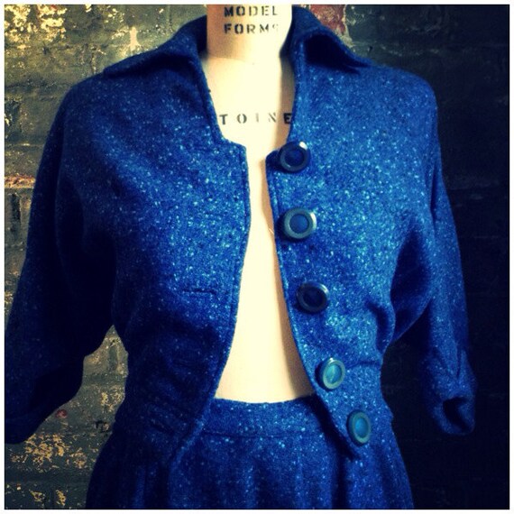 1940's vintage couture=Royal blue wool tweed skir… - image 4