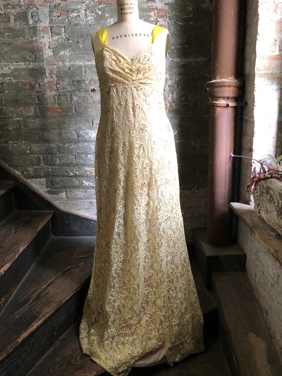 Yellow lace  beaded evening gown large - image 1