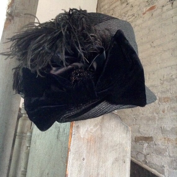 Black Straw Vintage 1920's Cloche