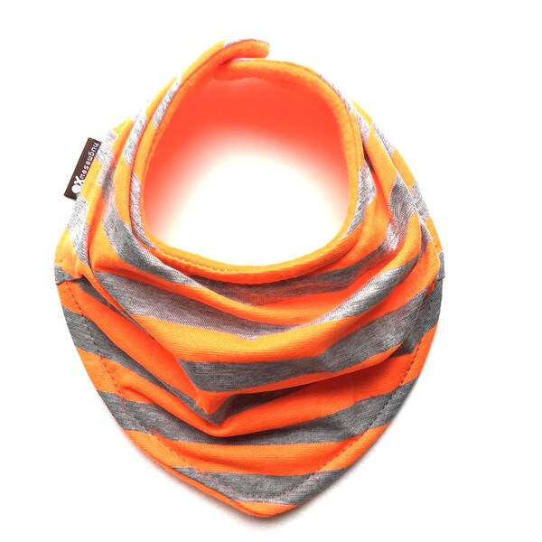 Neon orange and gray stripes Drool Bib - Infant and/or Toddler Bandanna Bib - Baby scarf - READY to SHIP - Gender neutral
