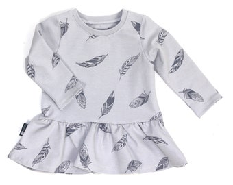 TOP PEPLUM filles en tissu certifié OEKO-tex - gris avec plumes - haut filles