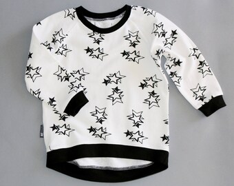 Unisex black and white sweatshirt  - curved bottom - monochrome love - toddler raglan in black and white - stars