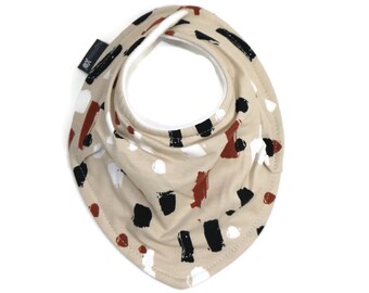 NEW - gender neutral ORGANIC scarf bib - white - unisex drool bib - brush strokes, rust and black, neutral colors