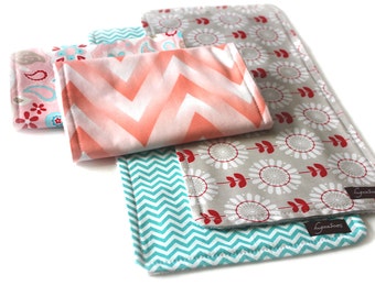 Set of FOUR (4) Burp Cloths - READY to SHIP - Peachy pink and aqua - Floral and Chevron