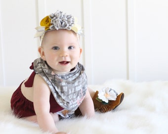 Tuner Tumble grey scarf styled drool bib - Infant and/or Toddler Bandana Bib - gender neutral drool bib