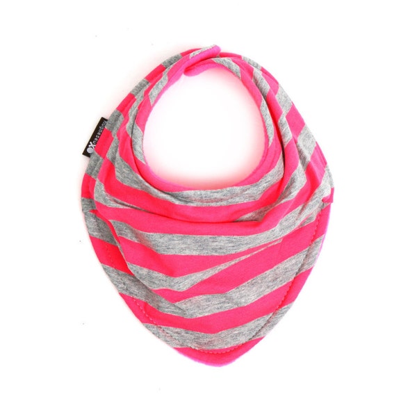 NEON Pink and gray stripes Drool Bib - Infant and/or Toddler Bandanna Bib - Baby scarf - READY to SHIP