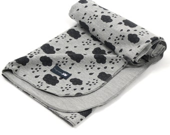 OEKO Tex certified french terry swaddle blanket - Gender neutral, grey with clouds - multi use blanket - stroller blanket - ready to ship