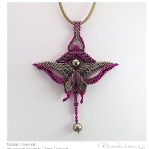 May include: A pink and silver beaded pendant with a large pearl in the center. The pendant is shaped like a stylized flower with a long, thin chain attached to the top. The pendant is labeled "Tallulah Pendant" and "an original design by Ronel Durandt".