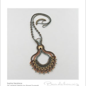 May include: A multi-strand necklace with a geometric design featuring gold, copper, and silver beads. The necklace has a teardrop shape with a central focal point.