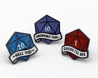 DnD Enamel Pins | D20 Pin | Guess I'll Die | Nat 1 Pin | Probably Fine | Nat 20 Pin | Hard Enamel Pins