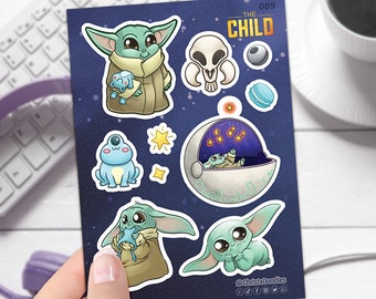Grogu Sticker Sheet | The Child Sticker Sheet | Baby Yoda | Original Artwork | Cute Vinyl Laptop Sticker Waterproof | Planner Sticker