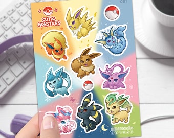 Pokemon Eeveelutions Sticker Sheet | Original Artwork | Cute Vinyl Laptop Sticker Waterproof | Planner Sticker