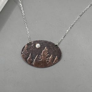Pine Tree Imprinted Copper Penny with Sterling Silver Moon Necklace, Vintage Penny Necklace