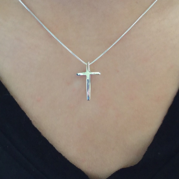 Sterling Silver 3D Cross Pendant on an Adjustable Sterling Silver Box Chain (16" - 18")