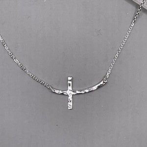 Hammered Sideways Cross Sterling Silver Necklace with Adjustable Cable Chain 16" or 18"