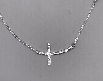 Hammered Sideways Cross Sterling Silver Necklace with Adjustable Cable Chain 16" or 18"