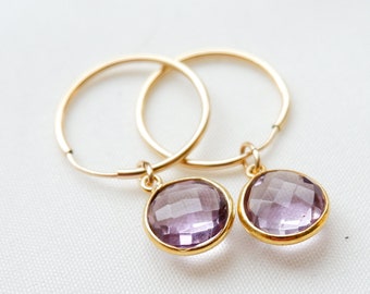 Amethyst Earrings, 14k gold filled hoop earrings, February birthstone earrings , gold jewellery gifts, birthstone jewellery, gift for her